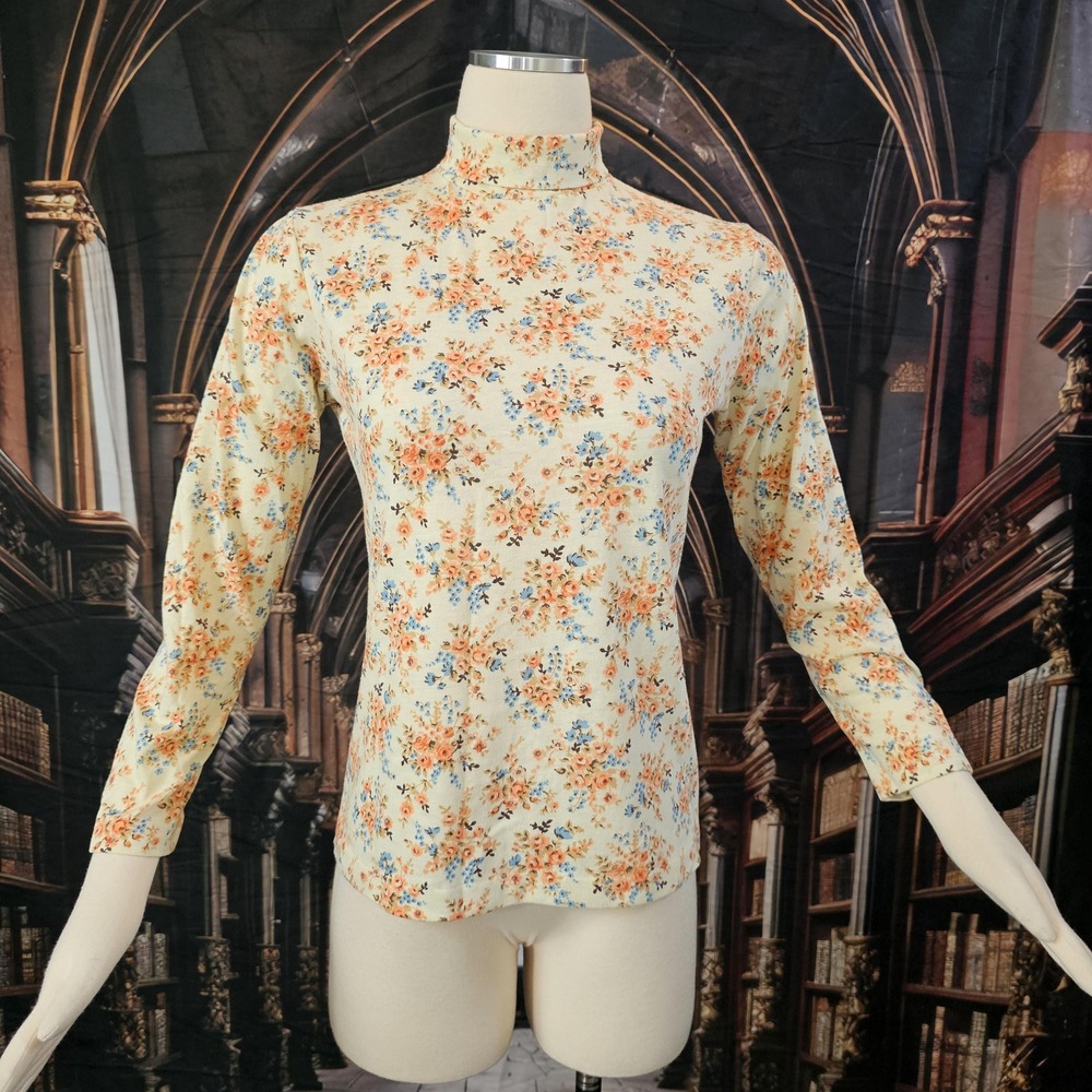 Vintage 1970s Turtleneck Top Shirt Floral Orange Blue